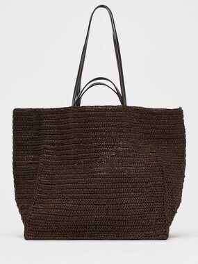 Zara Instagram Trendy Dark Brown Woven Tote Bag with leather makeup bag